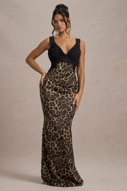 Plus Size Women Dress with a Flattering A - Line Cut for Comfort and StyleSahara | Leopard Print Satin V-Neck Maxi Dress With Black Lace Trim