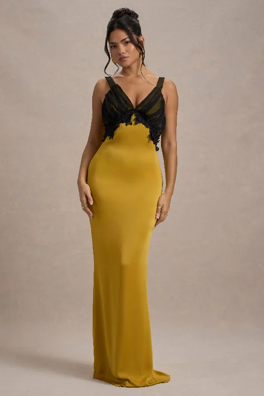 Sleeveless Women Dress in Bright Colors for Summer PartiesSahara | Mustard Satin V-Neck Maxi Dress With Black Lace Trim