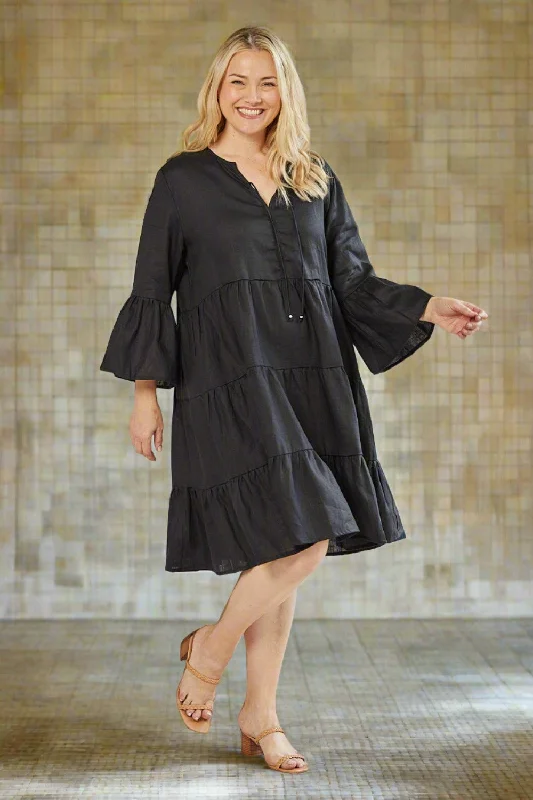 Plus Size Women Dress with a Flattering A - Line Cut for Comfort and StyleScout Tiered Linen Dress in Black