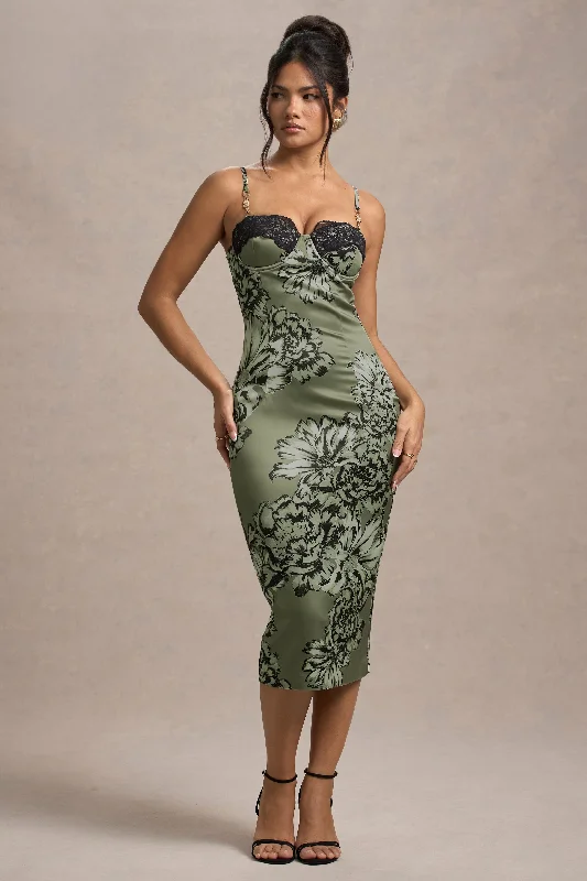 Mermaid - Style Women Dress with a Fitted Silhouette for Special OccasionsSoprano | Olive Floral Print Satin Sweetheart Lace Trim Midi Dress