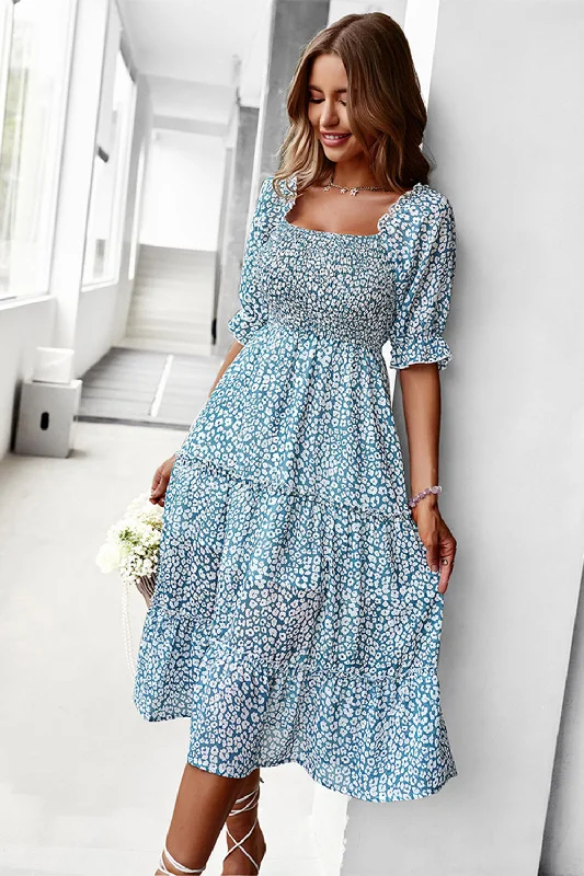 Pleated Women Dress with a Timeless and Elegant TextureSquare Neck Blue Floral Printed Summer Dress