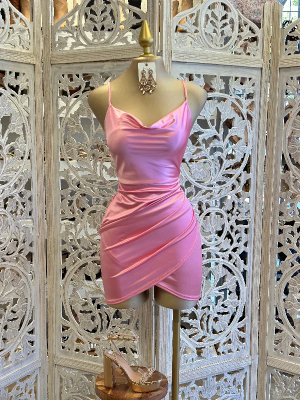 Off - the - Shoulder Women Dress for a Romantic and Feminine LookDraped Satin Pink Mini Dress