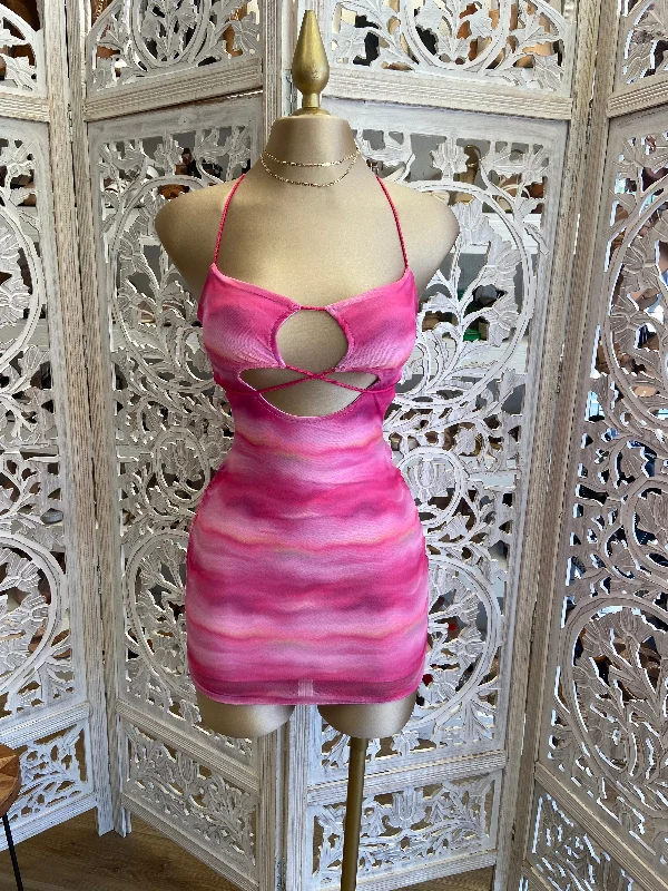 Printed Abstract Women Dress for a Modern and Artistic AppealTie Dye Hot Pink Cutout Mini Dress