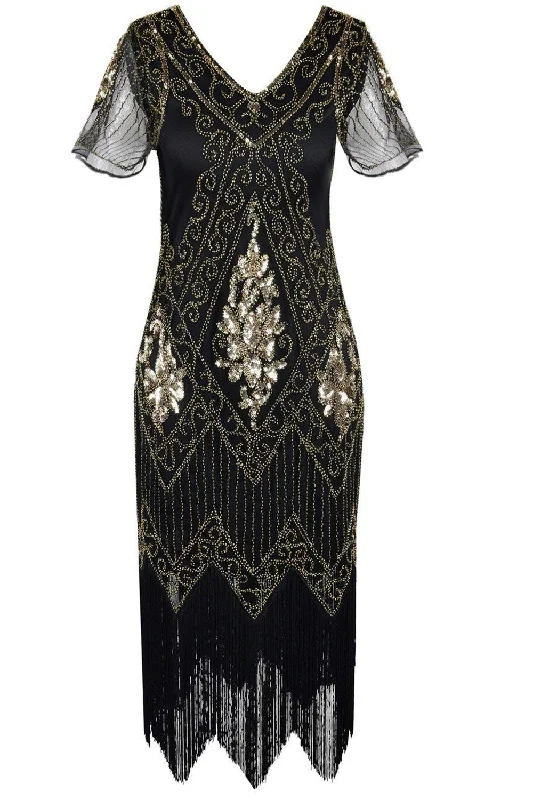 Mermaid - Style Women Dress with a Fitted Silhouette for Special OccasionsV Neck Black 1920s Flapper Dress