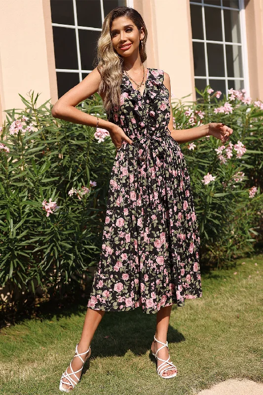 Wrap - Style Women Dress with Adjustable Fit for All Body TypesV Neck Black Foral Printed Summer Dress