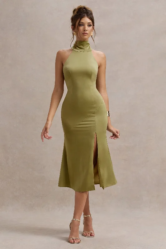 Ruffled Women Dress with Multiple Layers for a Playful and Girly StyleViolette | Olive Satin High-Neck Split Midi Dress