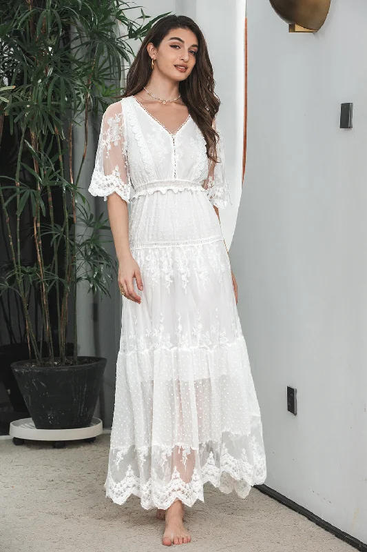 Sleeveless Women Dress in Bright Colors for Summer PartiesWhite A Line V Neck Boho Lace Long Modest Graduation Dress with Short Sleeves