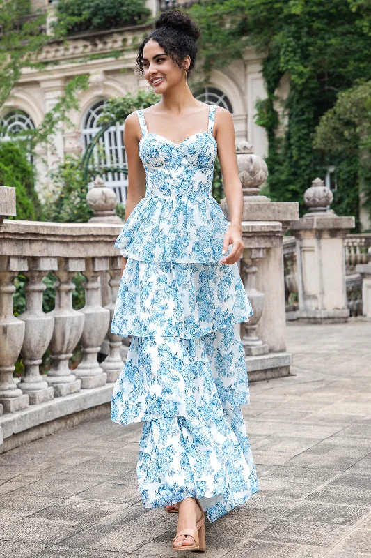 Maxi Women Dress with Floral Print for a Bohemian VibeWhite Blue A Line Corset Tiered Floral Long Wedding Party Guest Dress