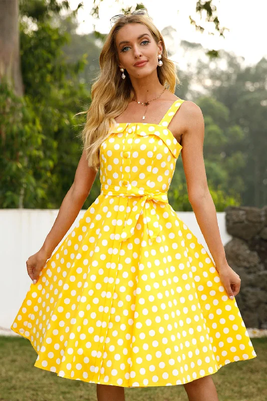 Off - the - Shoulder Women Dress for a Romantic and Feminine LookYellow Polka Dots 1950s Sundress