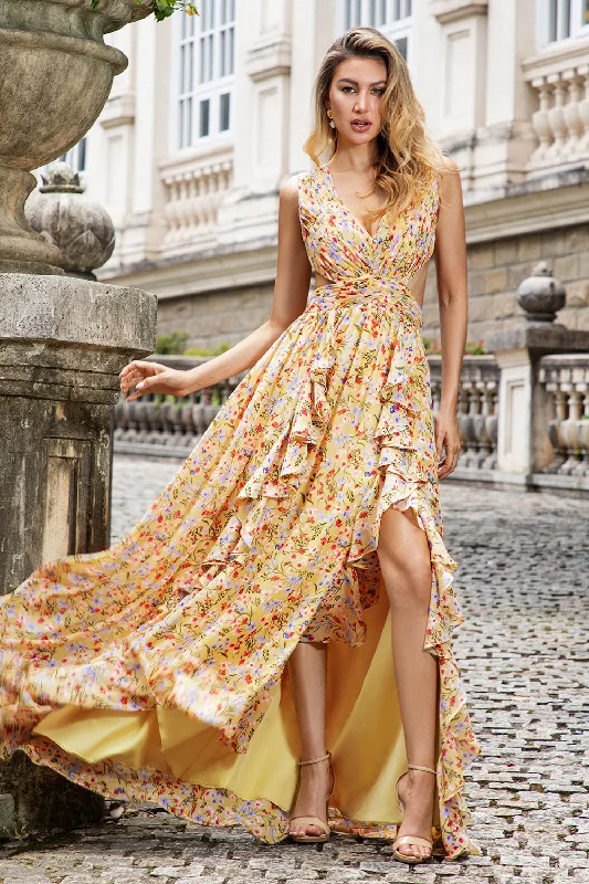 Printed Abstract Women Dress for a Modern and Artistic AppealYellow Small Flower A Line V Neck Pleated Wedding Party Guest Dress with Ruffles