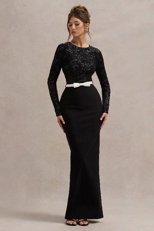 Ball Gown Women Dress with a Full Skirt for a Princess - like LookZenith | Black Lace Long-Sleeve Maxi Dress