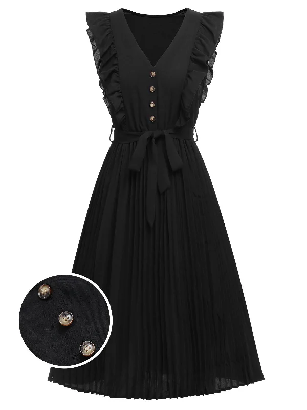 Shift Women Dress with a Simple and Classic Design for Everyday WearBlack 1940s Solid Flying Sleeve Pleated Dress