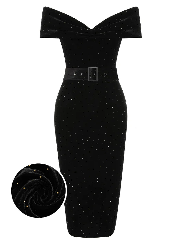 Pleated Women Dress with a Timeless and Elegant TextureBlack 1960s Off-Shoulder Rhinestones Velvet Dress