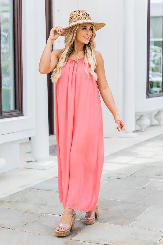 Ruffled Women Dress with Multiple Layers for a Playful and Girly StyleChoose Fate Coral High Neck Midi Dress FINAL SALE