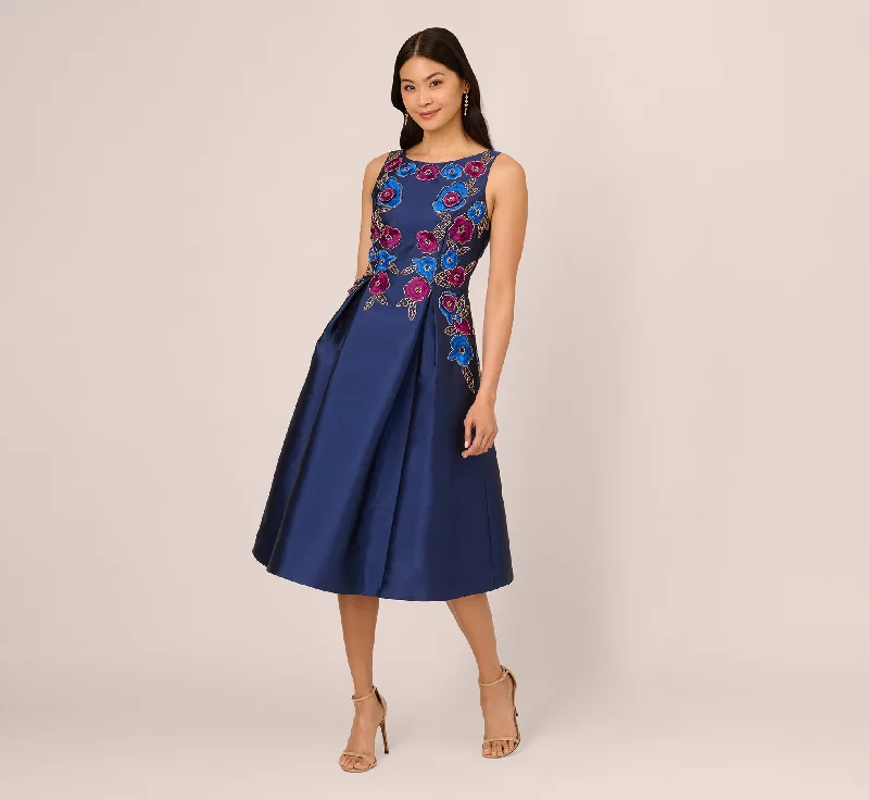 Backless Women Dress for a Sexy and Alluring Look at Evening EventsFloral Embroidered Mikado Midi Dress With Beaded Details In Light Navy