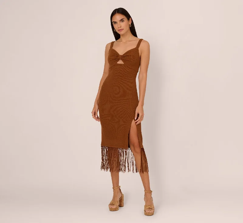 Ruffled Women Dress with Multiple Layers for a Playful and Girly StyleFringe Trim Midi Dress With Keyhole Cutout Bust In Light Brown