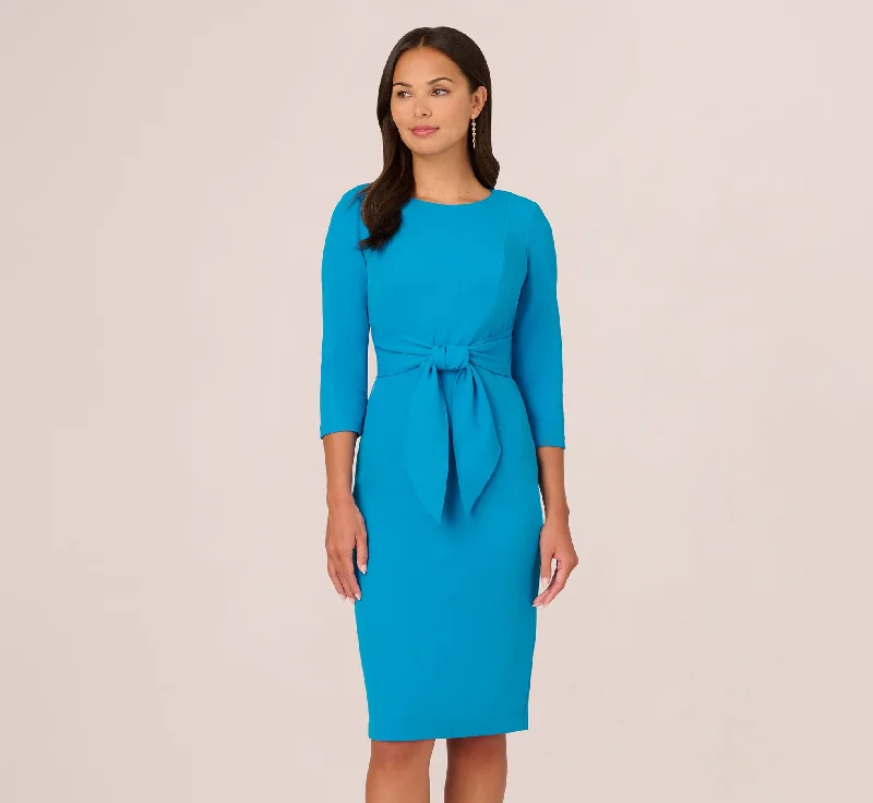 Plus Size Women Dress with a Flattering A - Line Cut for Comfort and StyleKnit Crepe Bow Sheath Dress With Three Quarter Sleeves In Blue Coast