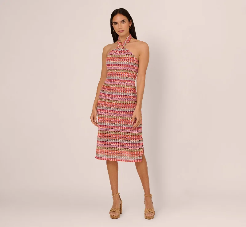 Printed Abstract Women Dress for a Modern and Artistic AppealMulticolor Crochet Midi Dress With Halter Neckline In Purple Multi