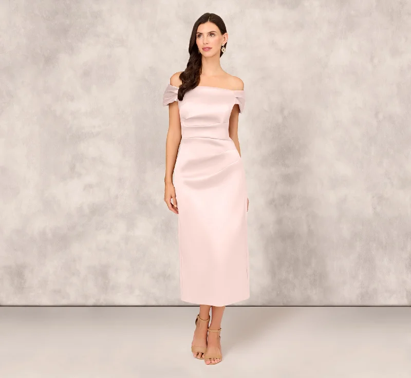 Off - the - Shoulder Women Dress for a Romantic and Feminine LookOff The Shoulder Mikado Midi Dress With Pleat Details In Pale Blush