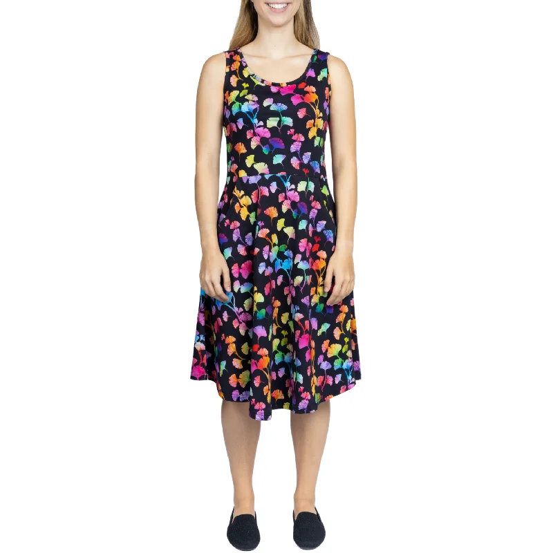 Printed Abstract Women Dress for a Modern and Artistic AppealRainbow Ginkgo Leaves Sleeveless Fit & Flare Dress