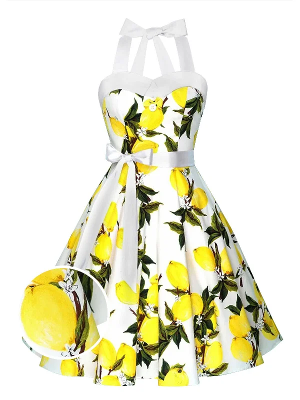 Printed Abstract Women Dress for a Modern and Artistic AppealWhite 1950s Lemon Halter Swing Dress