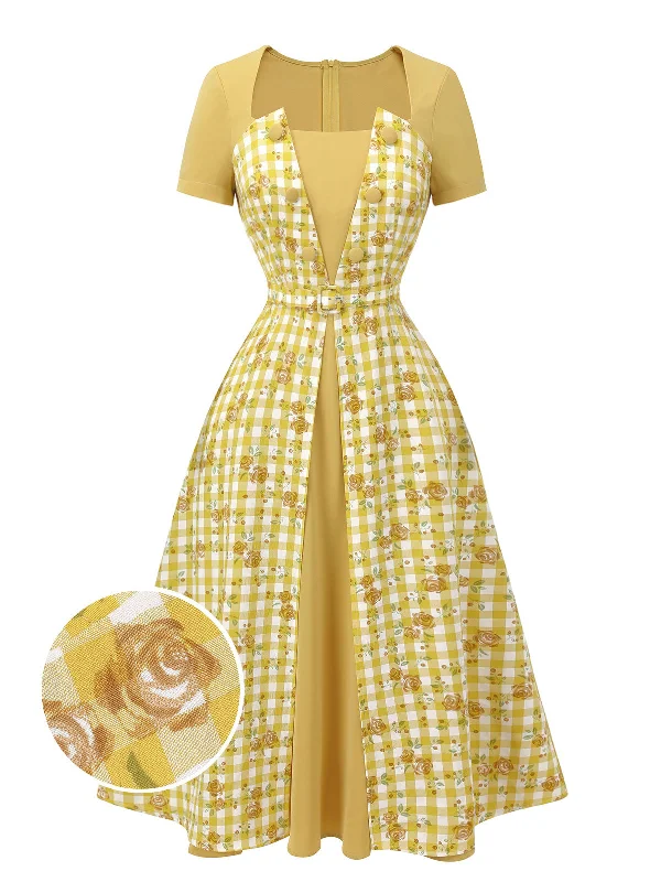 Sleeveless Women Dress in Bright Colors for Summer PartiesYellow 1950s Plaid Rose Panel Raglan Dress