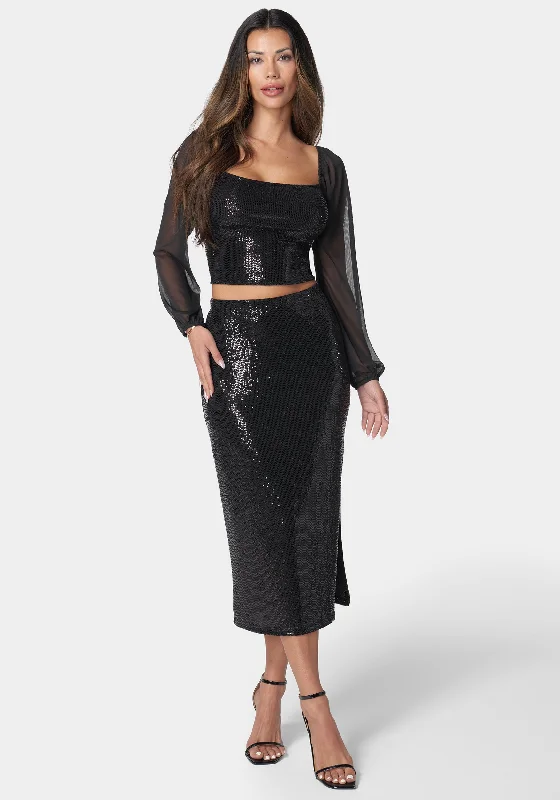 Little Black Women Dress with Sequins for a Glamorous Night Out2 Piece Sequin Square Neck Set