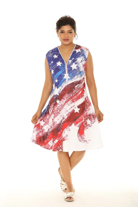 Sleeveless Women Dress in Bright Colors for Summer PartiesAmerican Flag Printed Dress With Zip Front