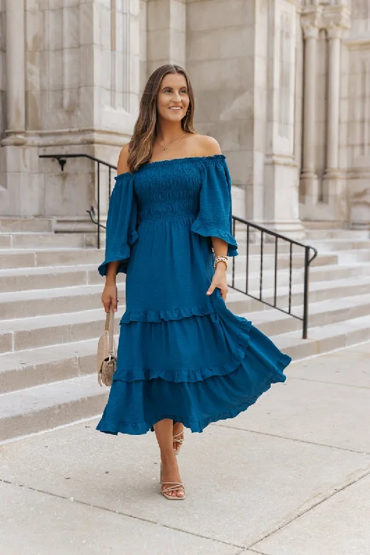 Off - the - Shoulder Women Dress for a Romantic and Feminine LookBlue Off The Shoulder Tiered Midi Dress - FINAL SALE