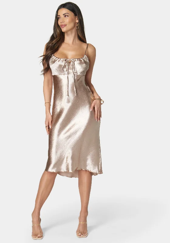 Wrap - Style Women Dress with Adjustable Fit for All Body TypesHammered Satin Rouche Midi Dress With Tie