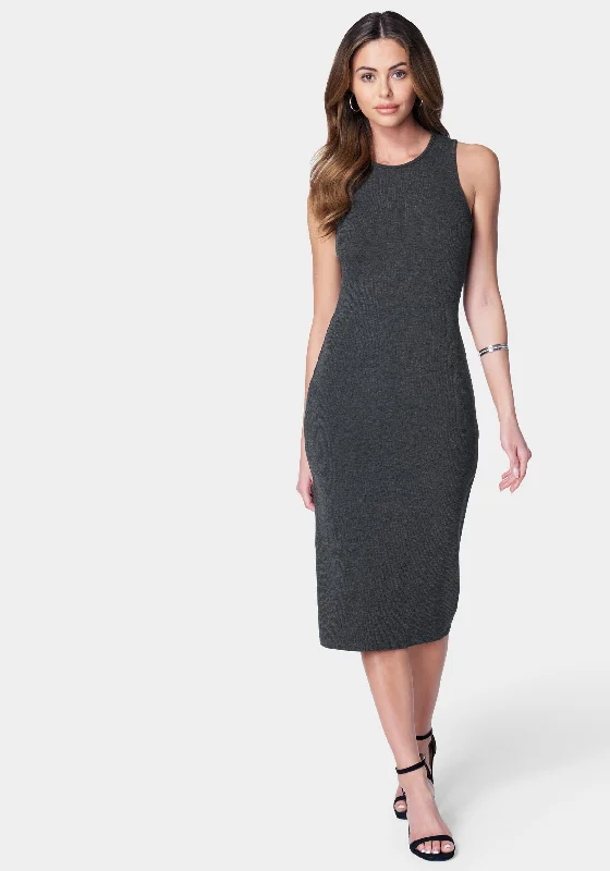 Empire Waist Women Dress to Accentuate the Bust and Conceal the WaistHigh Neck Midi Rib Dress