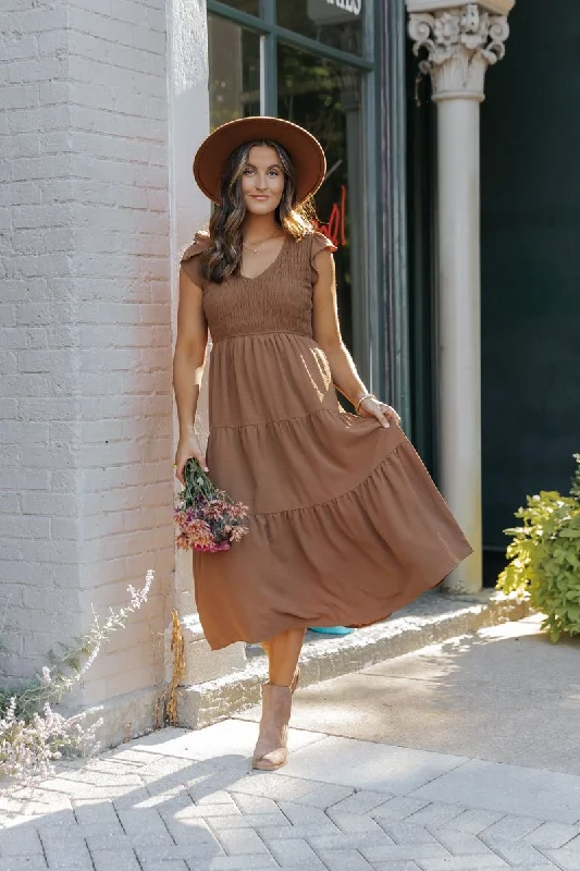 Plus Size Women Dress with a Flattering A - Line Cut for Comfort and StyleLaney Brown Smocked Midi Dress