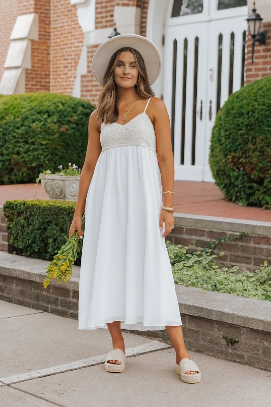 Strapless Women Dress with a Built - in Bra for Comfort and SupportMarina White Crochet Midi Dress - FINAL SALE