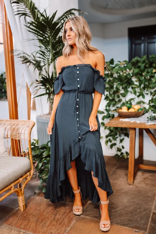 Mermaid - Style Women Dress with a Fitted Silhouette for Special OccasionsNavy High Low Dress: Off The Shoulder Button Down Maxi