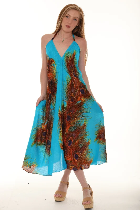 Pleated Women Dress with a Timeless and Elegant TexturePeacock Feather Print Midi Length Dress