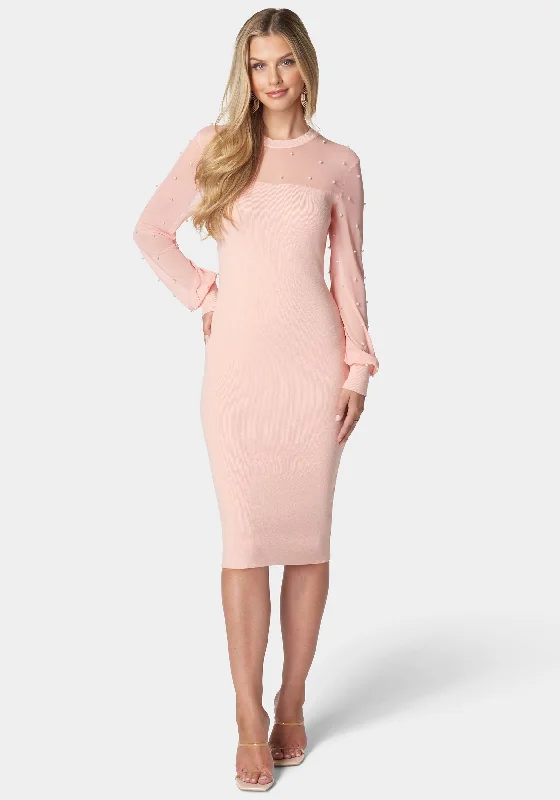 Halter Neck Women Dress to Show Off the Shoulders and NecklinePearl Mesh Midi Sweater Dress