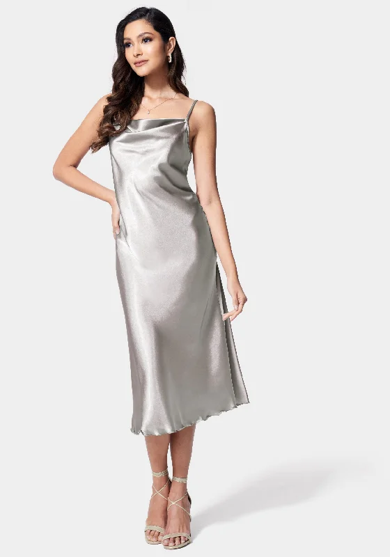 Off - the - Shoulder Women Dress for a Romantic and Feminine LookSatin Cowl Neck Slip Midi Dress