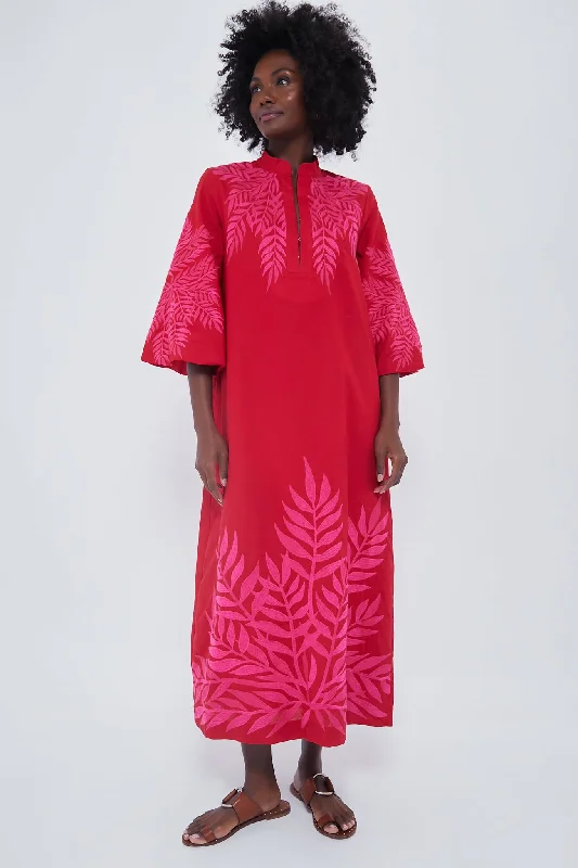 Wrap - Style Women Dress with Adjustable Fit for All Body TypesScarlet and Hot Pink Embroidered Windermere Caftan