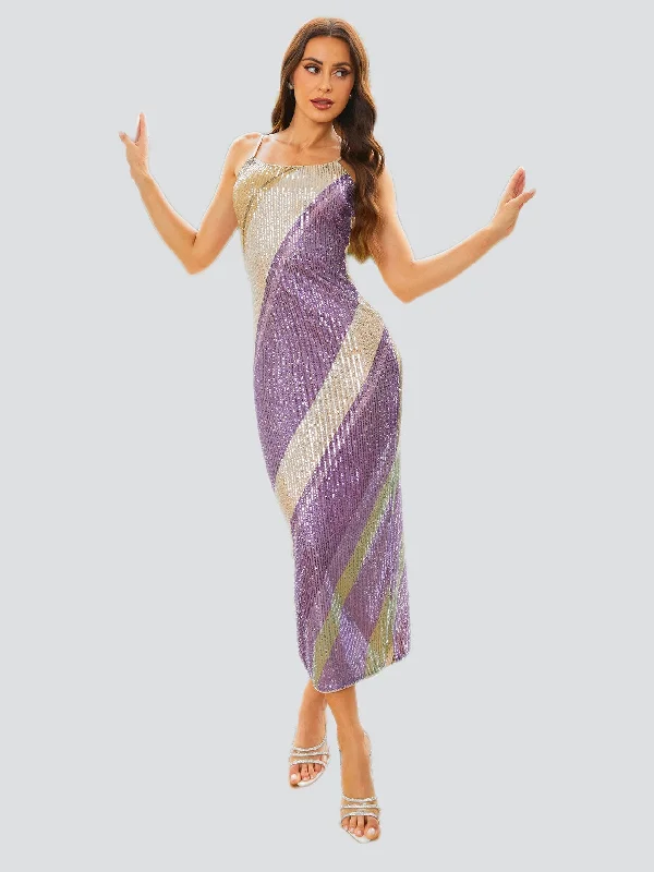 Backless Women Dress for a Sexy and Alluring Look at Evening EventsSpaghetti Straps Sequin Purple Midi Dress RM20865