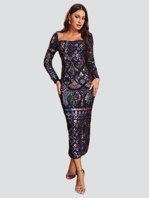 Empire Waist Women Dress to Accentuate the Bust and Conceal the WaistSquare Neck Long Sleeve Split Sequin Dress RM20830