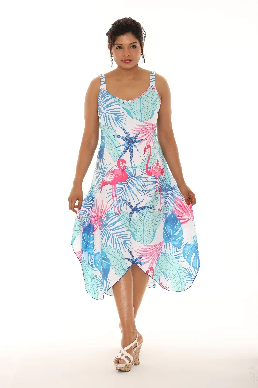 Mini Women Dress with a Short Hem for a Young and Trendy StyleSwan & Flower Print Sleeveless Resort Short Dress