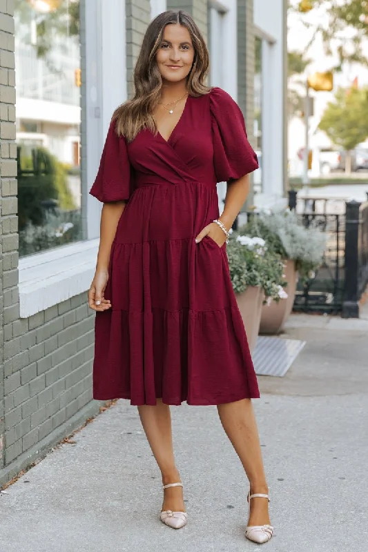 Ruffled Women Dress with Multiple Layers for a Playful and Girly StyleWine Tiered Midi Wrap Dress