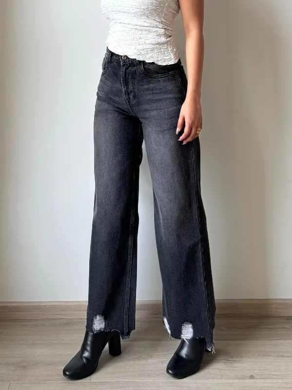 Black Destroyed Hem Fade Wide Leg Cropped Jeans