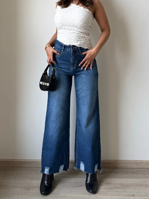 Blue Destroyed Hem Fade Wide Leg Cropped Jeans