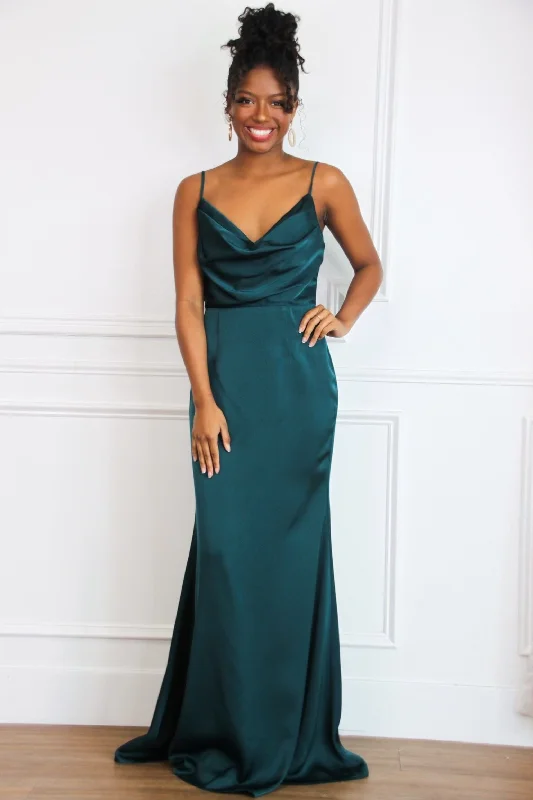 Shift Women Dress with a Simple and Classic Design for Everyday WearAlice Satin Bow Back Maxi Dress: Deep Emerald