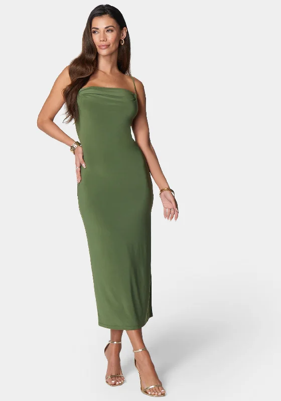 Shift Women Dress with a Simple and Classic Design for Everyday WearCowl Neck Spaghetti Strap Slit Maxi