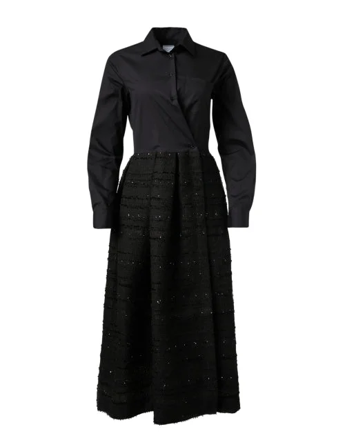 Pleated Women Dress with a Timeless and Elegant TextureElenat Black Poplin and Tweed Skirt Dress