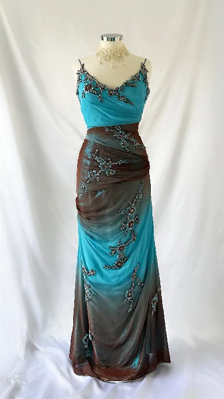 Halter Neck Women Dress to Show Off the Shoulders and NecklineENCHANTED COCOA & BLUE ROSE IRIDESCENT DRAPED GOWN