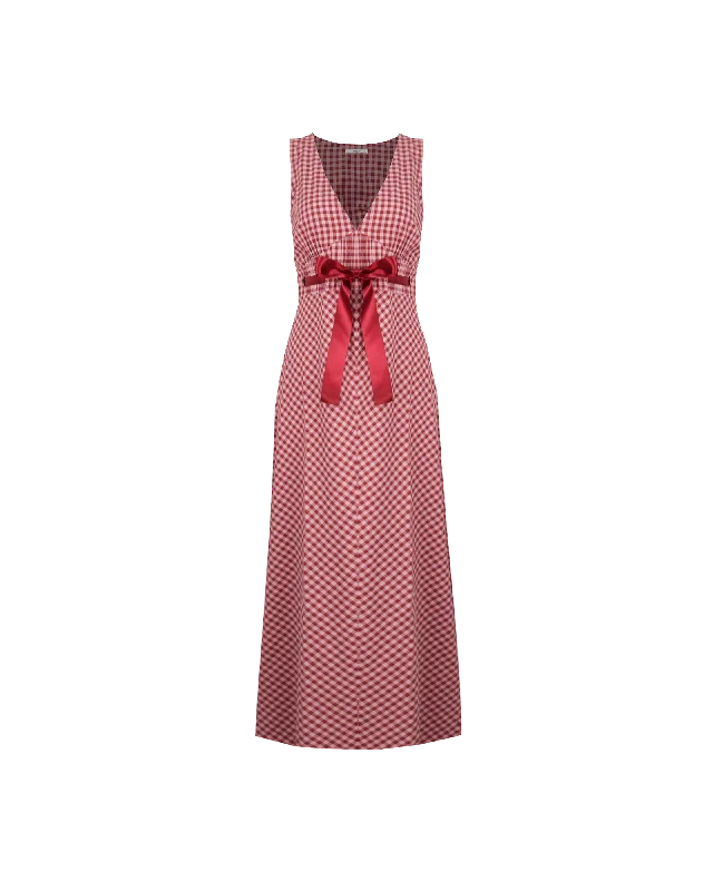 Strapless Women Dress with a Built - in Bra for Comfort and SupportFLORY DRESS PINK BURGUNDY GINGHAM