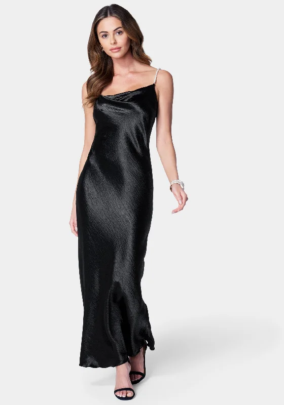 Long - Sleeve Women Dress in Velvet for a Luxurious Winter LookHammered Satin Cowl Neck Pearl Strap Maxi Dress